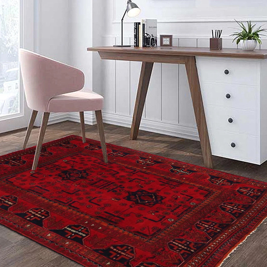 Red Afghan Khal Mohammadi Rug 3' 4" x 4' 8" Hand-Knotted | No. AL51353
