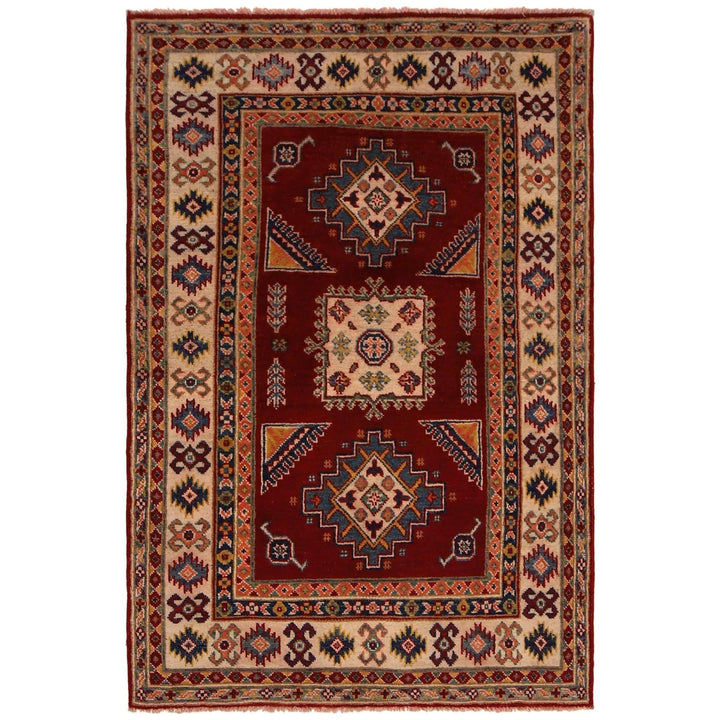 Red Afghan Kazak Rug 3' 4" x 5' 0" Hand-Knotted | No. AL51362