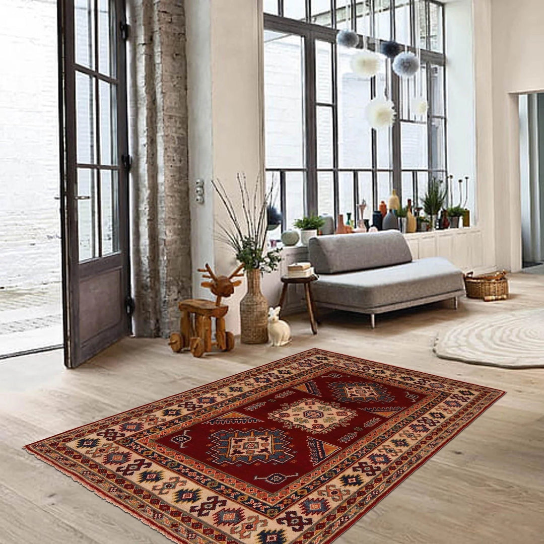 Red Afghan Kazak Rug 3' 4" x 5' 0" Hand-Knotted | No. AL51362