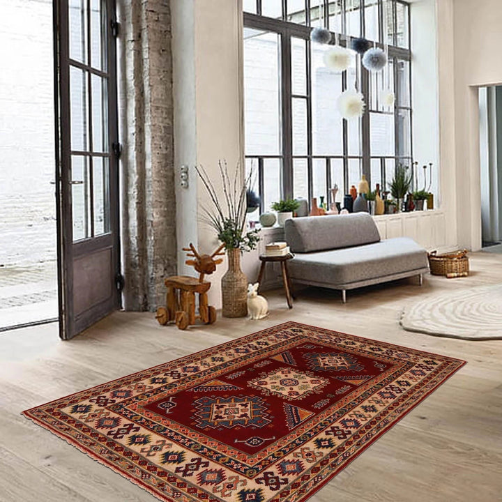 Red Afghan Kazak Rug 3' 4" x 5' 0" Hand-Knotted | No. AL51362