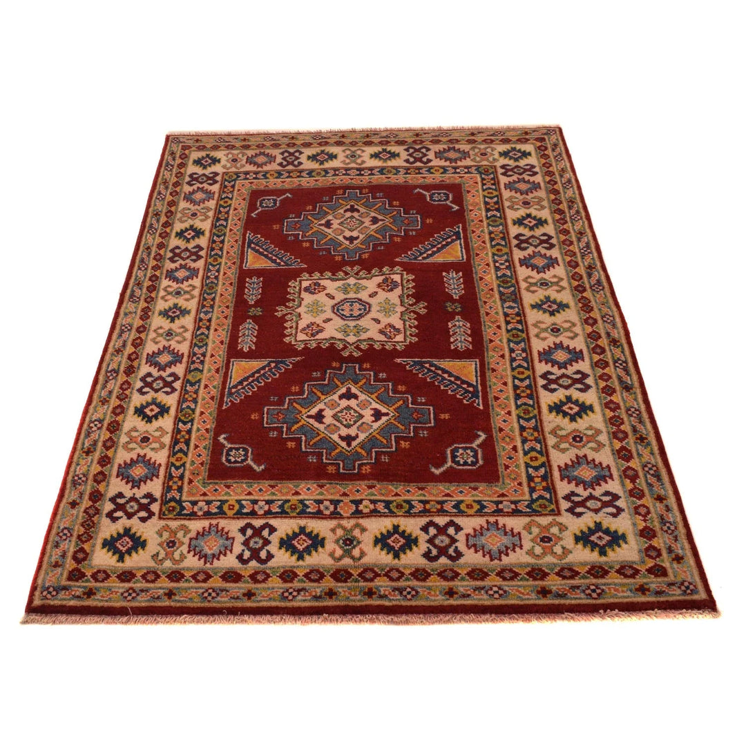 Red Afghan Kazak Rug 3' 4" x 5' 0" Hand-Knotted | No. AL51362