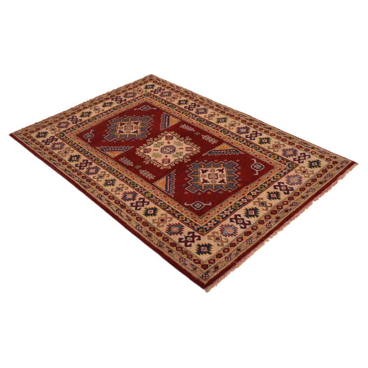 Red Afghan Kazak Rug 3' 4" x 5' 0" Hand-Knotted | No. AL51362