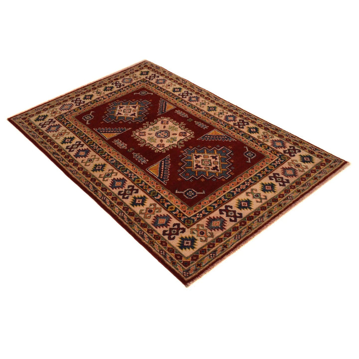 Red Afghan Kazak Rug 3' 4" x 5' 0" Hand-Knotted | No. AL51362