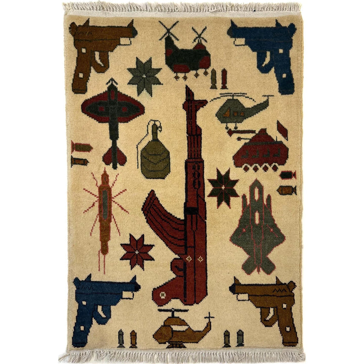Beige Afghan War Rug 1' 11" x 2' 8" Hand-Knotted | No. AL51418