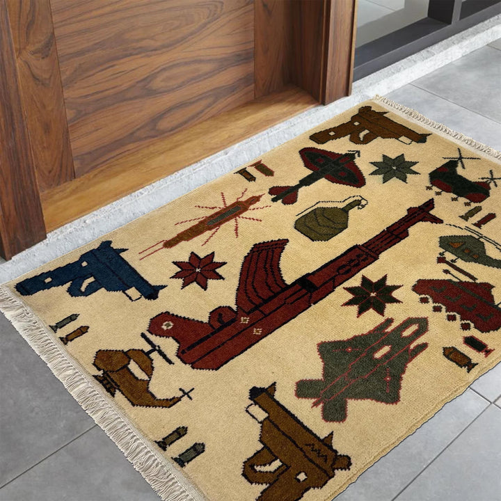 Beige Afghan War Rug 1' 11" x 2' 8" Hand-Knotted | No. AL51418