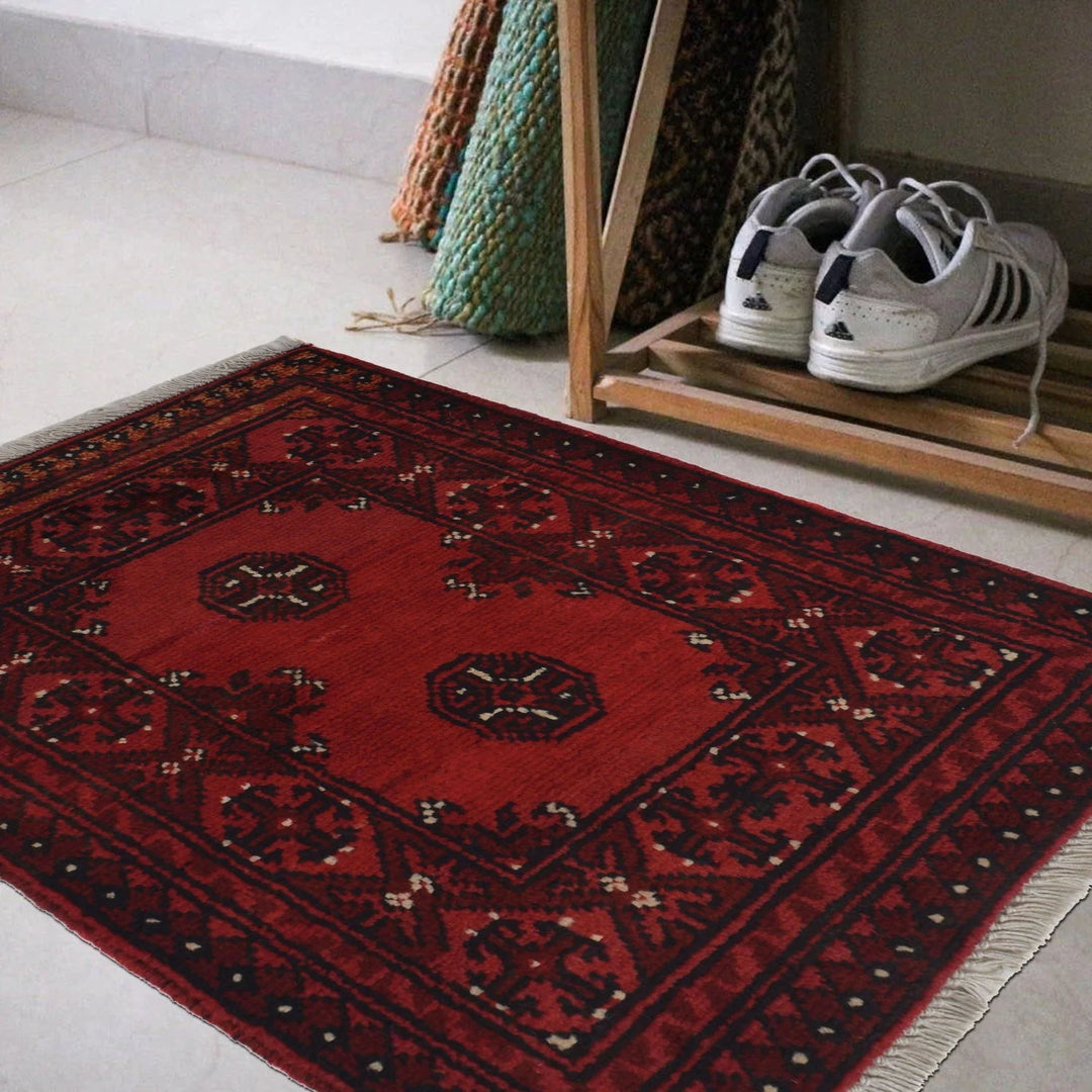 Red Afghan Oriental Rug 1' 8" x 2' 3" Hand-Knotted | No. AL51518