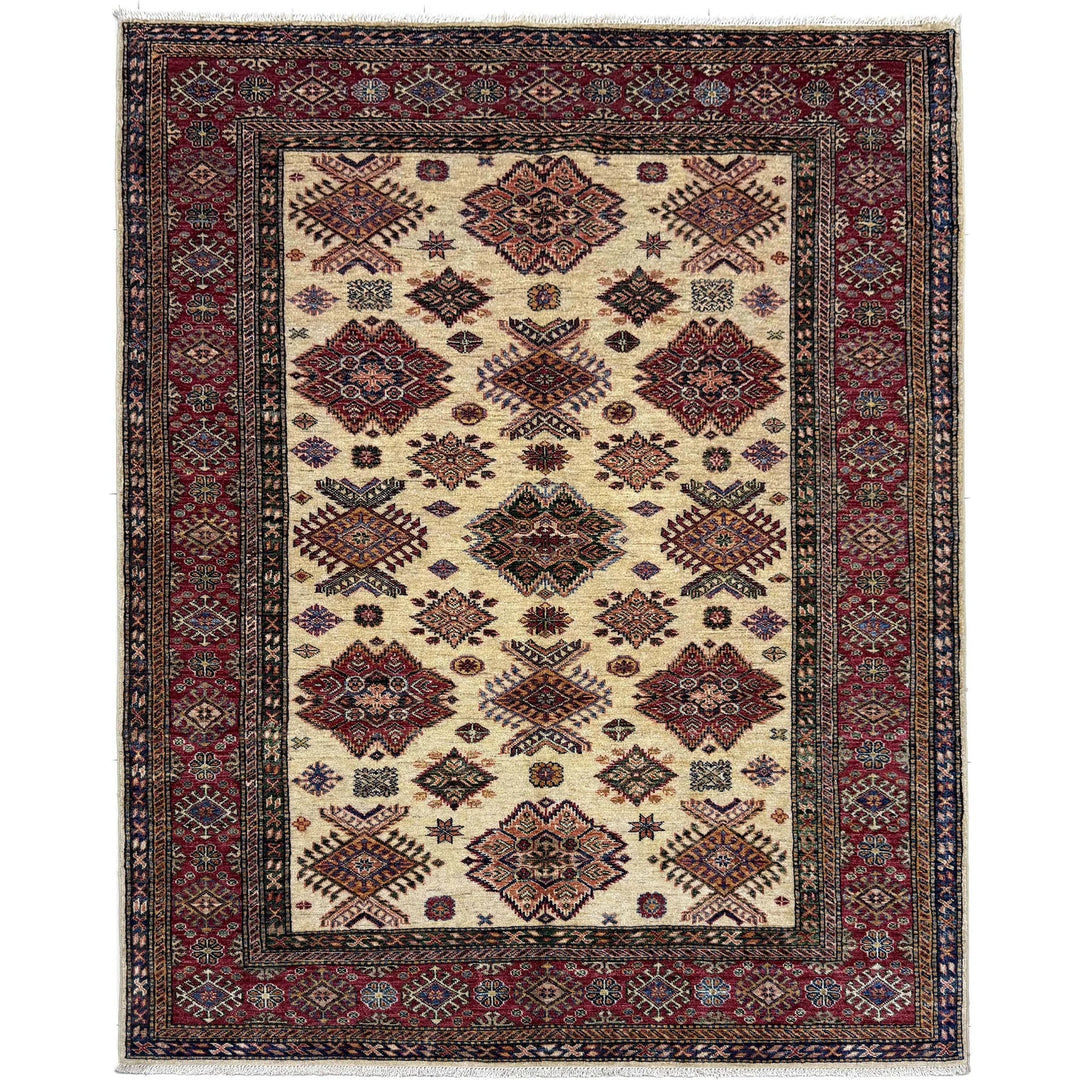 Beige Afghan Kazak Rug 5' 10" x 7' 9" Hand-Knotted | No. AL51791