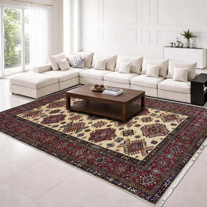 Beige Afghan Kazak Rug 5' 10" x 7' 9" Hand-Knotted | No. AL51791