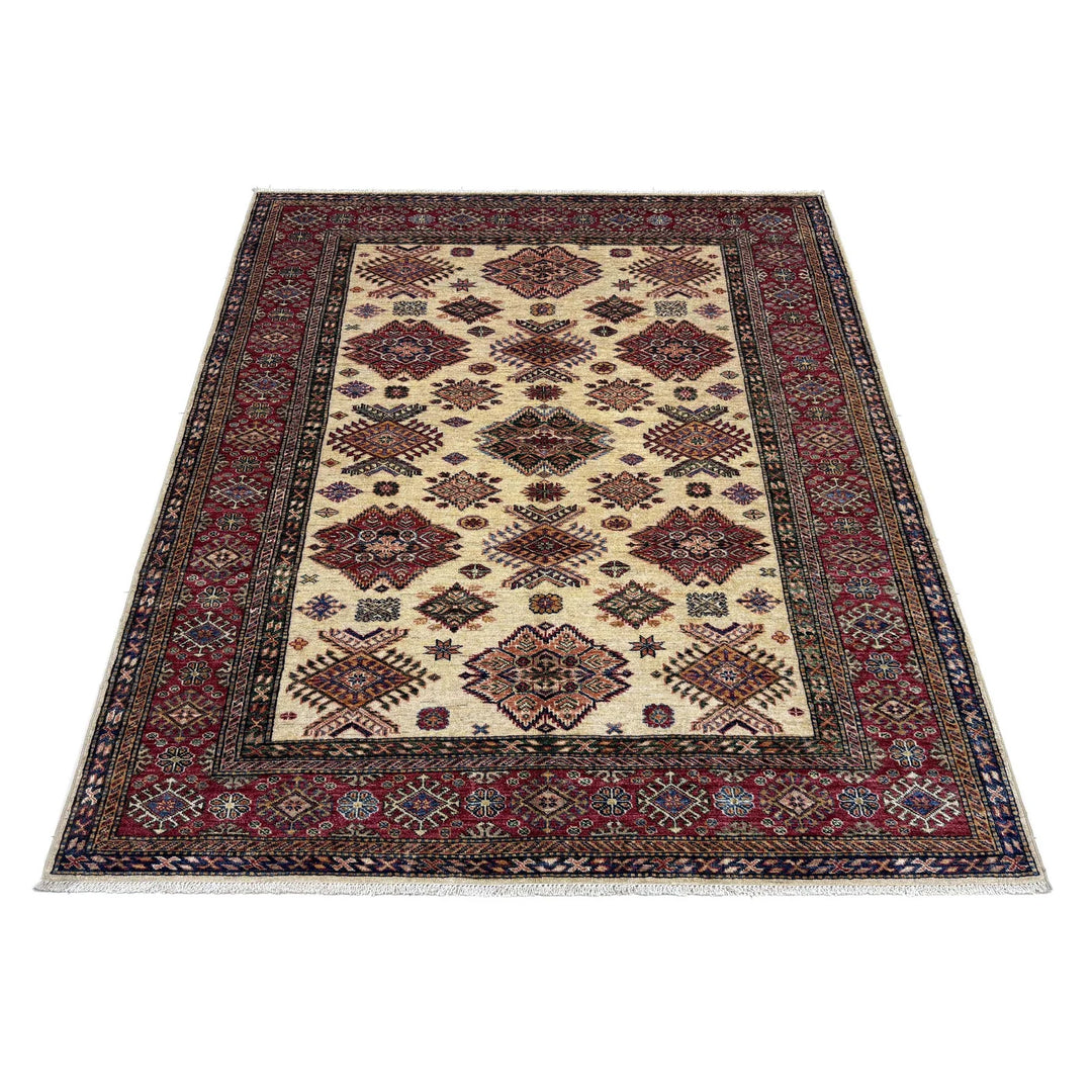 Beige Afghan Kazak Rug 5' 10" x 7' 9" Hand-Knotted | No. AL51791