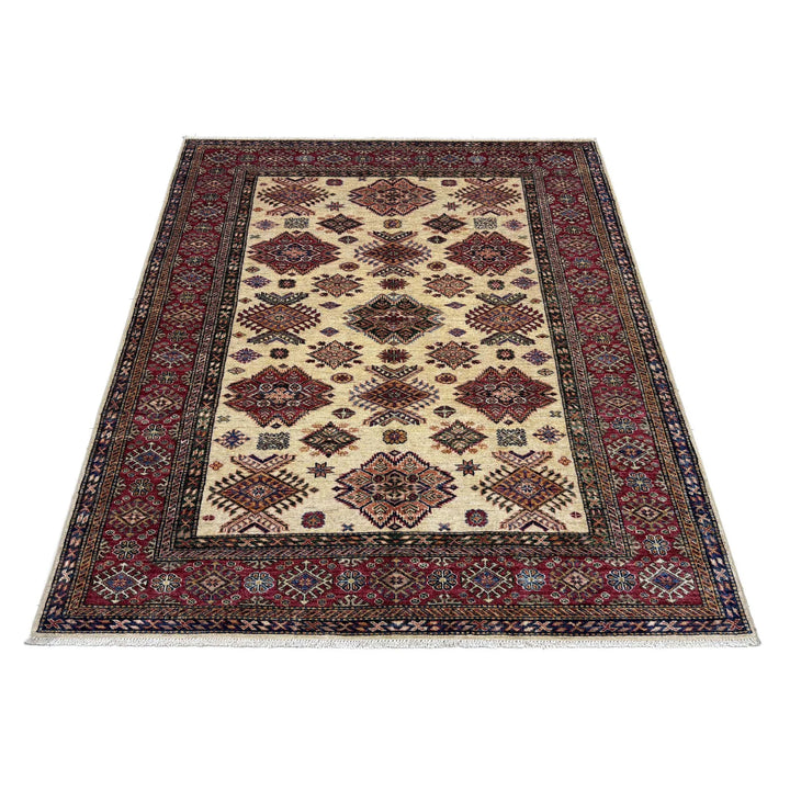 Beige Afghan Kazak Rug 5' 10" x 7' 9" Hand-Knotted | No. AL51791
