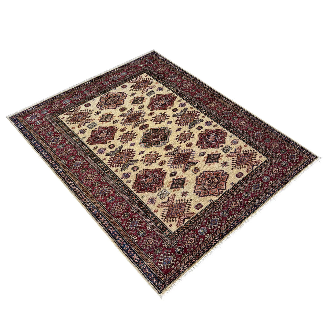 Beige Afghan Kazak Rug 5' 10" x 7' 9" Hand-Knotted | No. AL51791