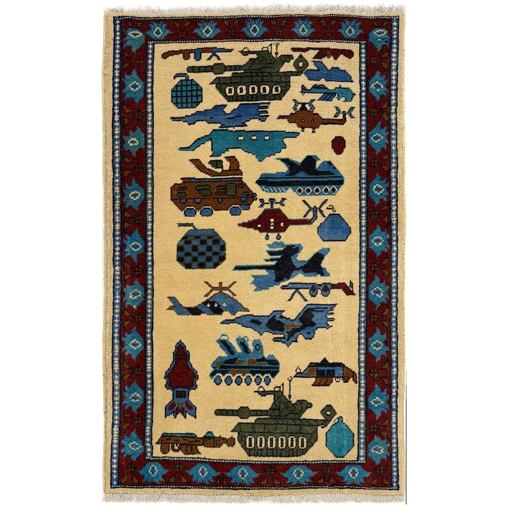 Beige Afghan War Rug 2' 9" x 4' 4" Hand-Knotted | No. AL52013