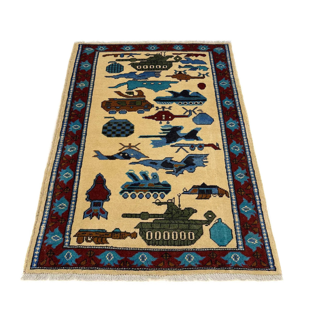 Beige Afghan War Rug 2' 9" x 4' 4" Hand-Knotted | No. AL52013