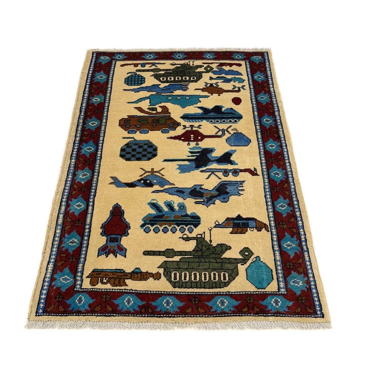 Beige Afghan War Rug 2' 9" x 4' 4" Hand-Knotted | No. AL52013