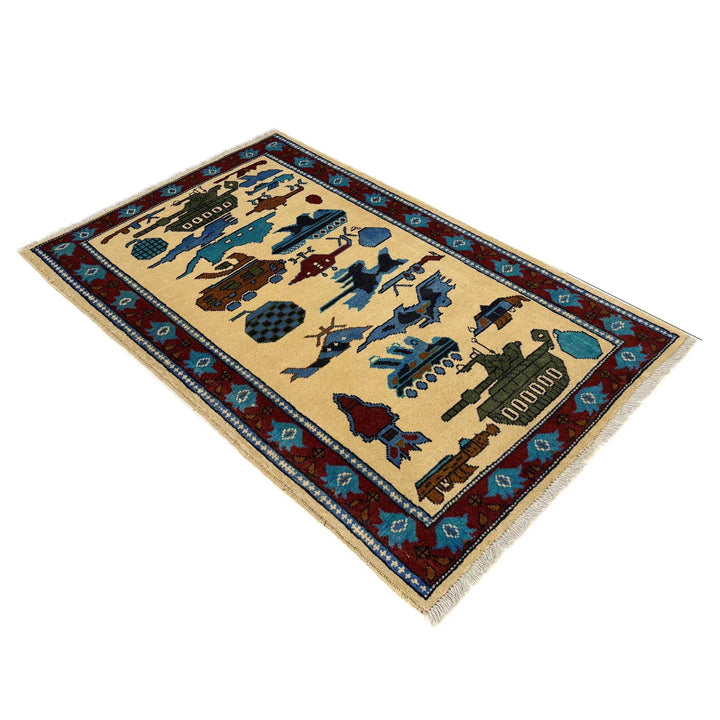 Beige Afghan War Rug 2' 9" x 4' 4" Hand-Knotted | No. AL52013