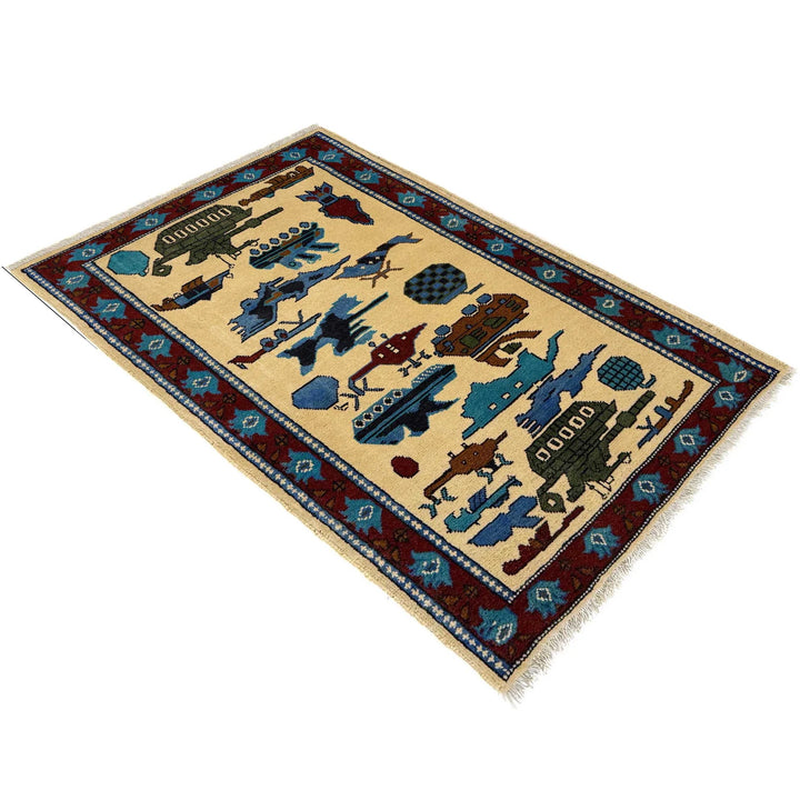 Beige Afghan War Rug 2' 9" x 4' 4" Hand-Knotted | No. AL52013