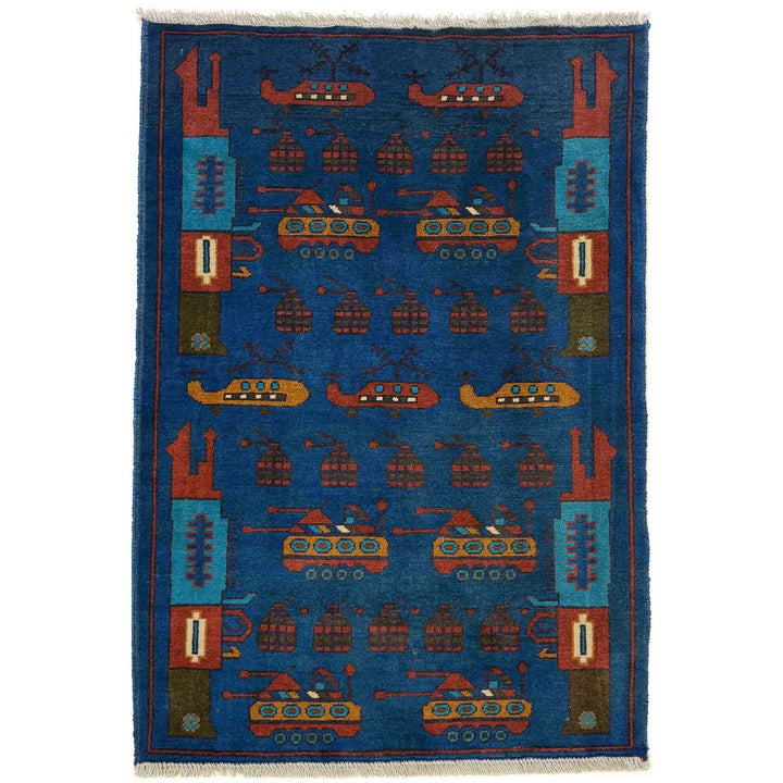 Blue Afghan War Rug 2' 9" x 4' 0" Hand-Knotted | No. AL52099