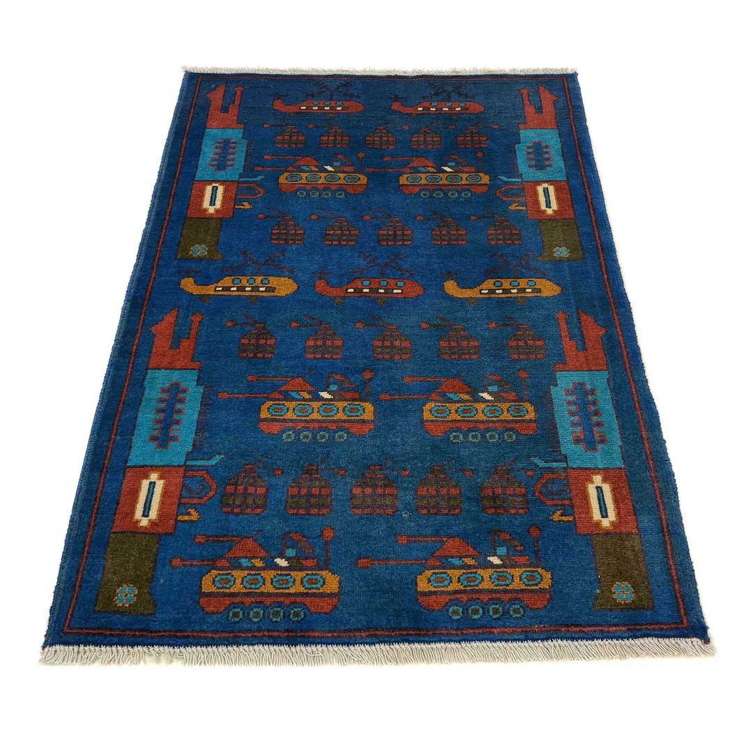 Blue Afghan War Rug 2' 9" x 4' 0" Hand-Knotted | No. AL52099