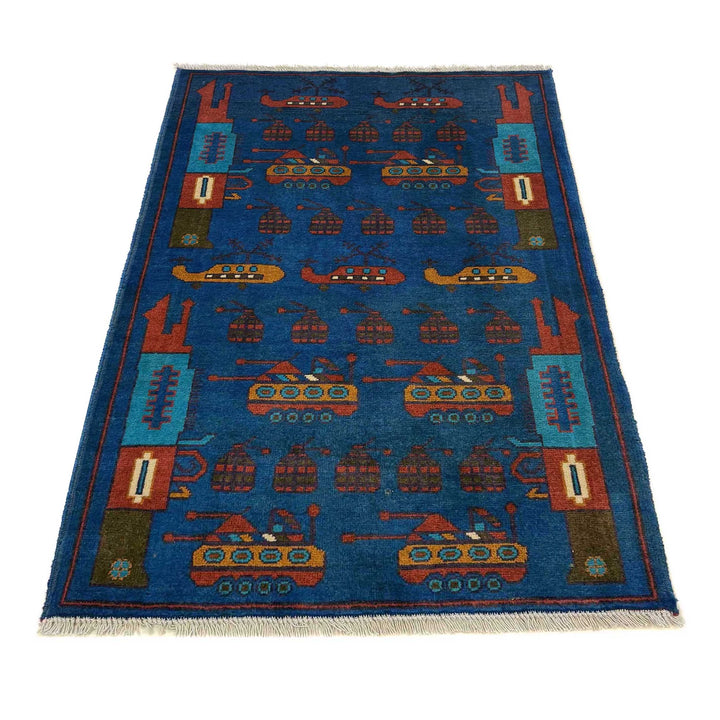 Blue Afghan War Rug 2' 9" x 4' 0" Hand-Knotted | No. AL52099