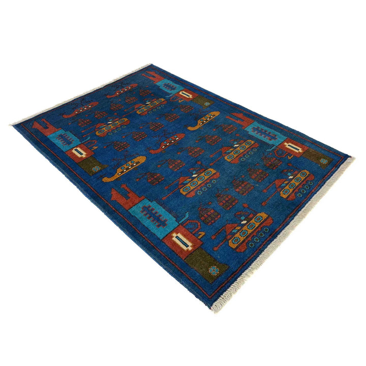 Blue Afghan War Rug 2' 9" x 4' 0" Hand-Knotted | No. AL52099