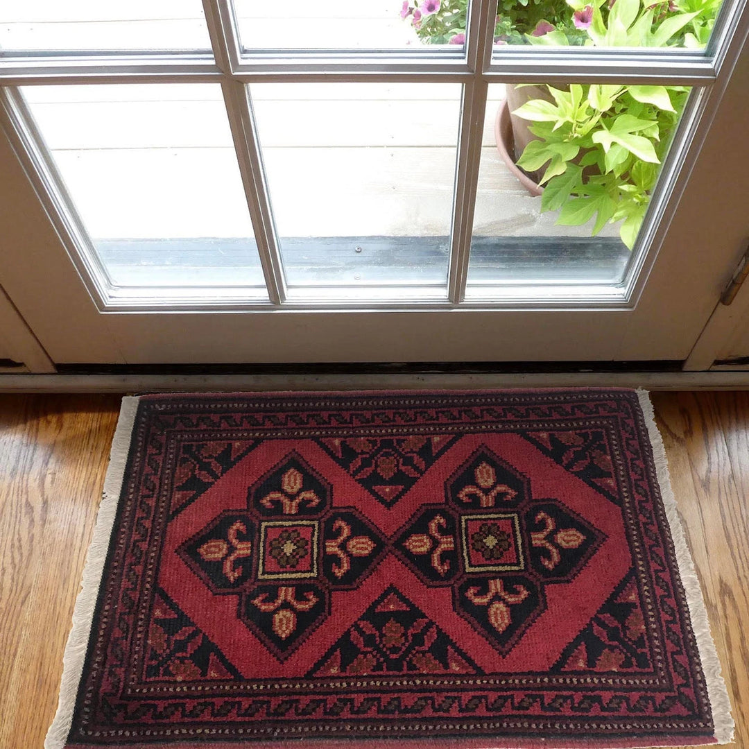 Red Afghan Oriental Doormat 1'6" x 2'0" Hand-Knotted | No. AL52103