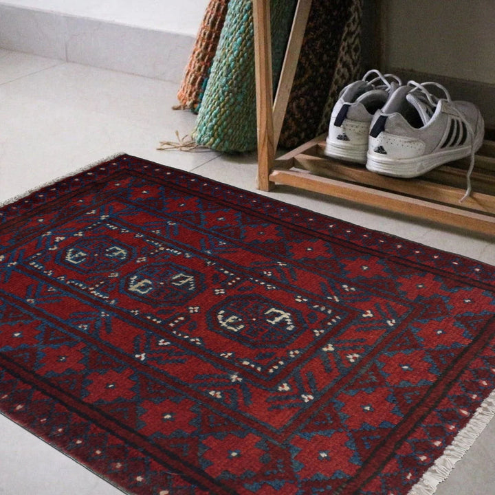 Red Afghan Oriental Rug 1' 8" x 2' 3" Hand-Knotted | No. AL52172