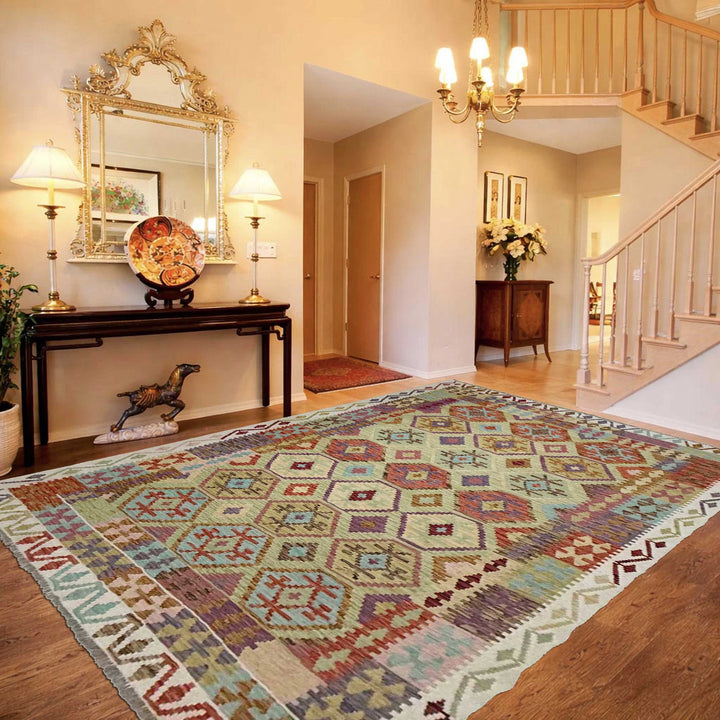 Afghan Vegetable Kilim Rug 6' 8" x 9' 7" Flat-Weave | No. AL521981