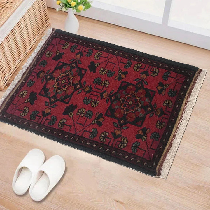 Red Afghan Oriental Doormat 1'6" x 2'2" Hand-Knotted | No. AL52283