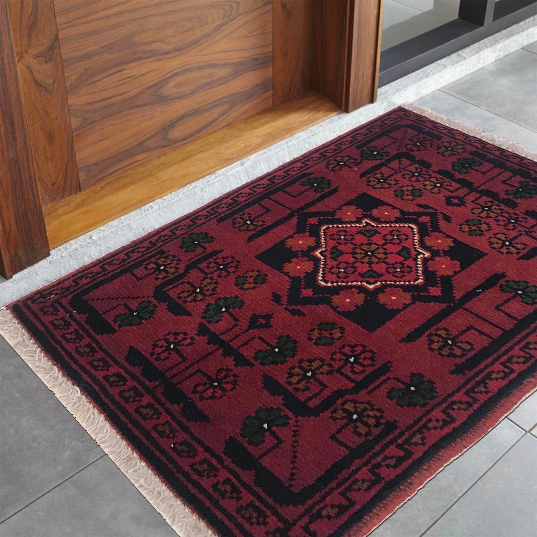 Red Afghan Oriental Doormat 1' 4" x 1' 11" Hand-Knotted | No. AL52562