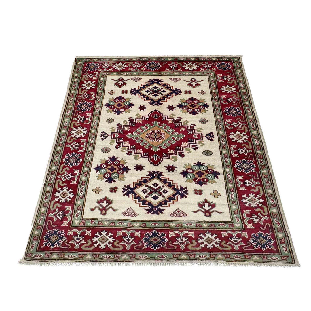Beige Afghan Kazak Rug 3'2" x 4'3" Hand-Knotted | No. AL52629
