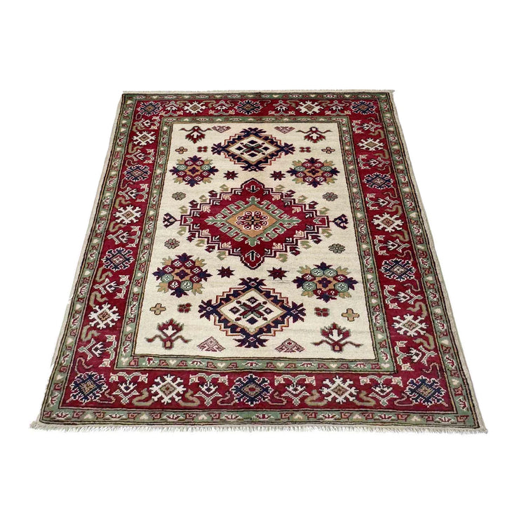 Beige Afghan Kazak Rug 3'2" x 4'3" Hand-Knotted | No. AL52629