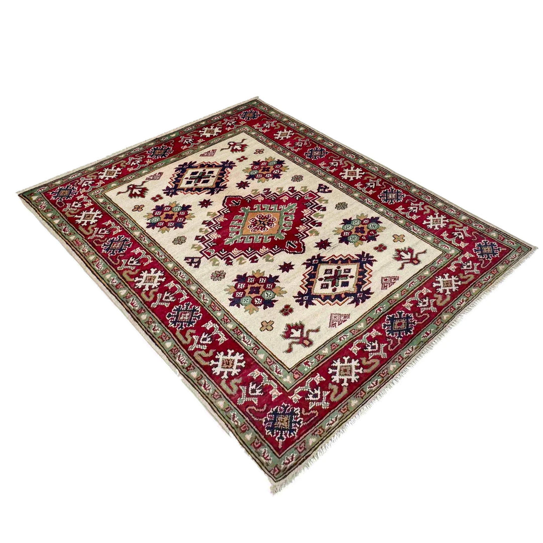 Beige Afghan Kazak Rug 3'2" x 4'3" Hand-Knotted | No. AL52629