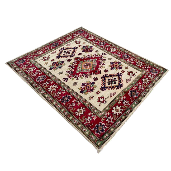 Beige Afghan Kazak Rug 3'2" x 4'3" Hand-Knotted | No. AL52629