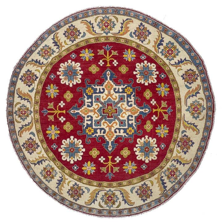 Red Afghan Kazak Rug 7' 10" x 7' 7" Hand-Knotted | No. AL52640
