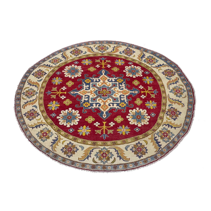 Red Afghan Kazak Rug 7' 10" x 7' 7" Hand-Knotted | No. AL52640
