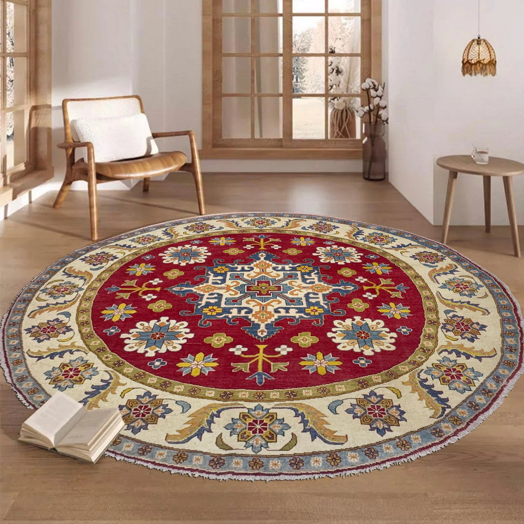 Red Afghan Kazak Rug 7' 10" x 7' 7" Hand-Knotted | No. AL52640