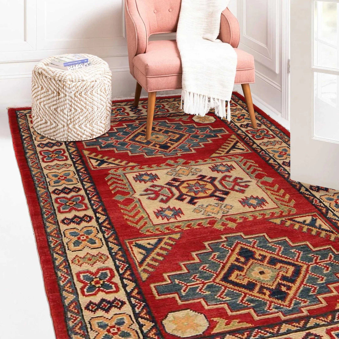Red Afghan Kazak Rug 2'8" x 4'2" Hand-Knotted | No. AL52661