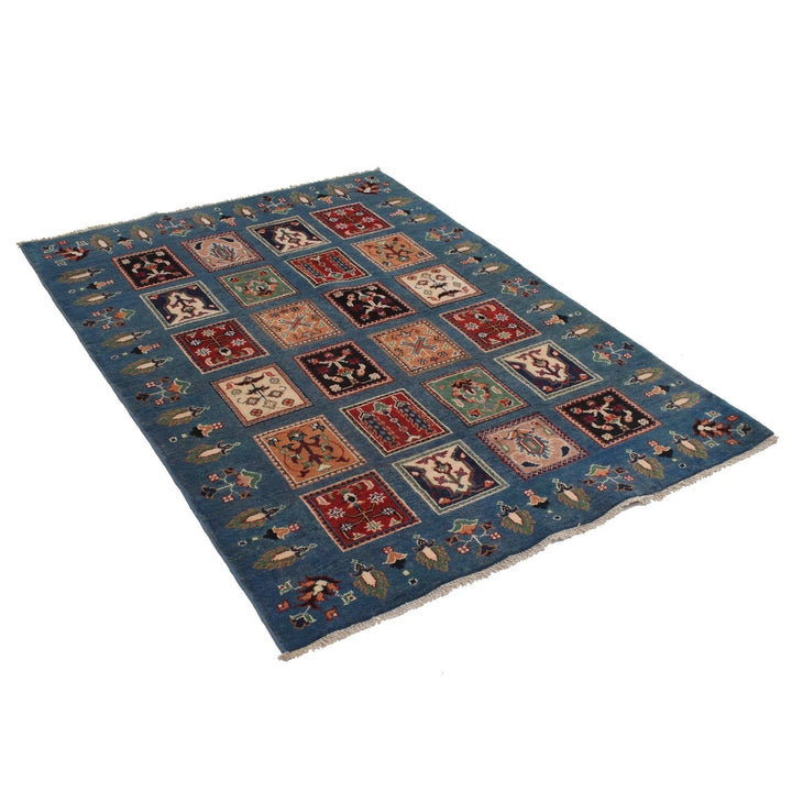 Blue Afghan Kazak Rug 4' 0" x 5' 8" Hand-Knotted | No. AL52715