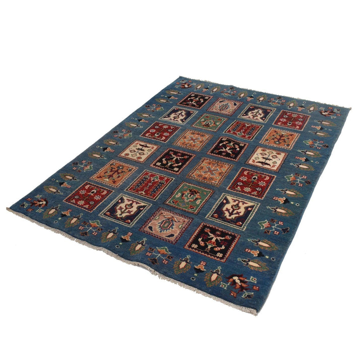 Blue Afghan Kazak Rug 4' 0" x 5' 8" Hand-Knotted | No. AL52715