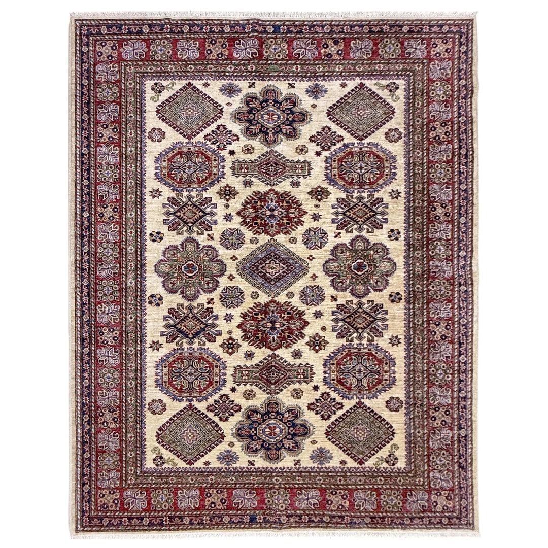 Beige Afghan Kazak Rug 5' 9" x 7' 8" Hand-Knotted | No. AL52782