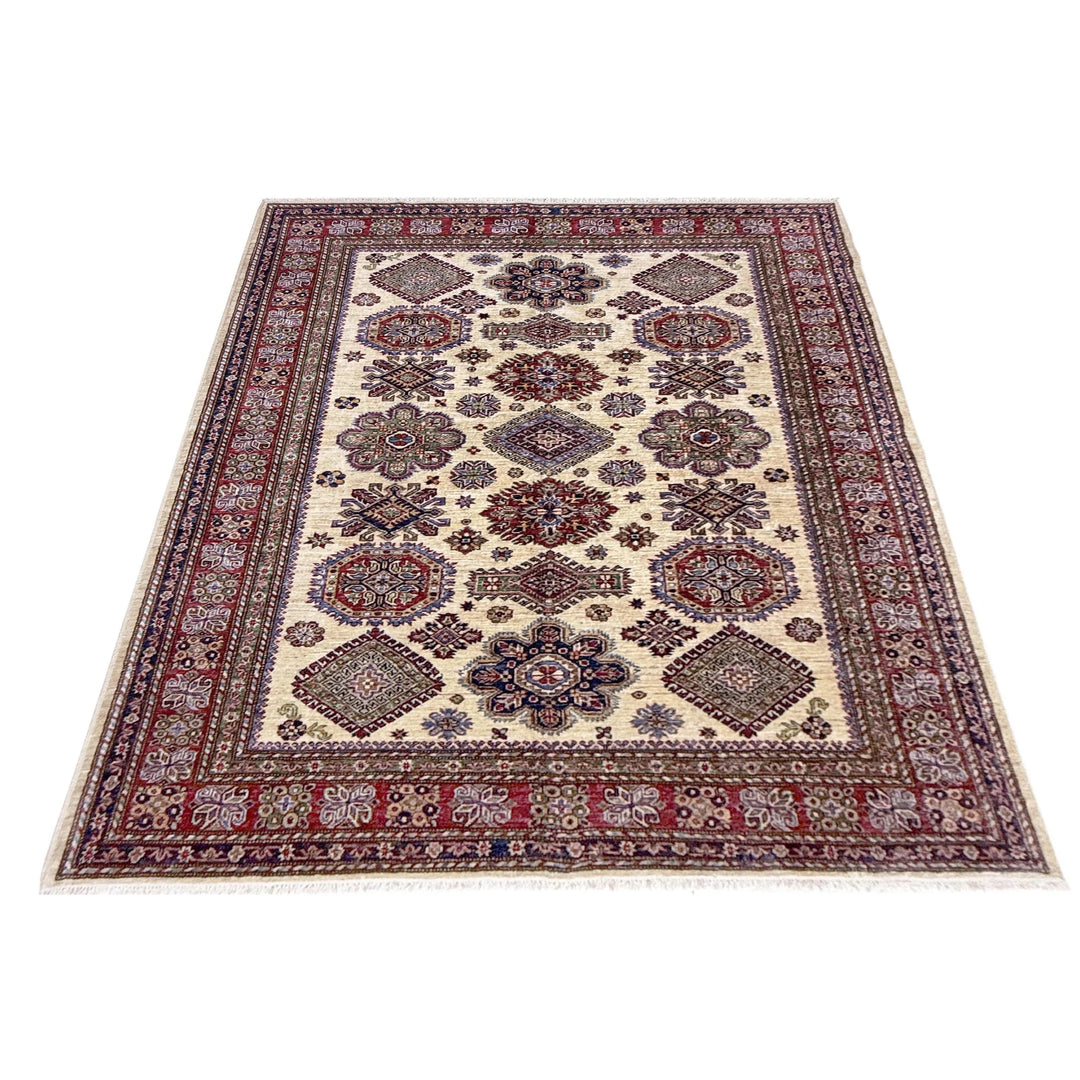 Beige Afghan Kazak Rug 5' 9" x 7' 8" Hand-Knotted | No. AL52782
