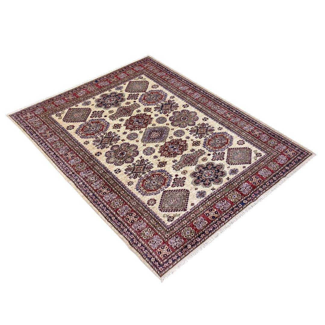 Beige Afghan Kazak Rug 5' 9" x 7' 8" Hand-Knotted | No. AL52782