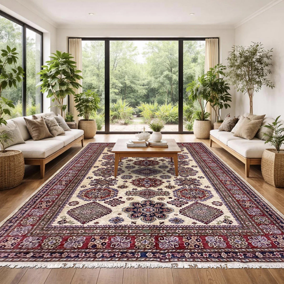 Beige Afghan Kazak Rug 5' 9" x 7' 8" Hand-Knotted | No. AL52782