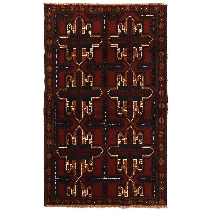 Red Afghan Baluchi Rug 3' 7" x 5' 10" Hand-Knotted | No. AL52785