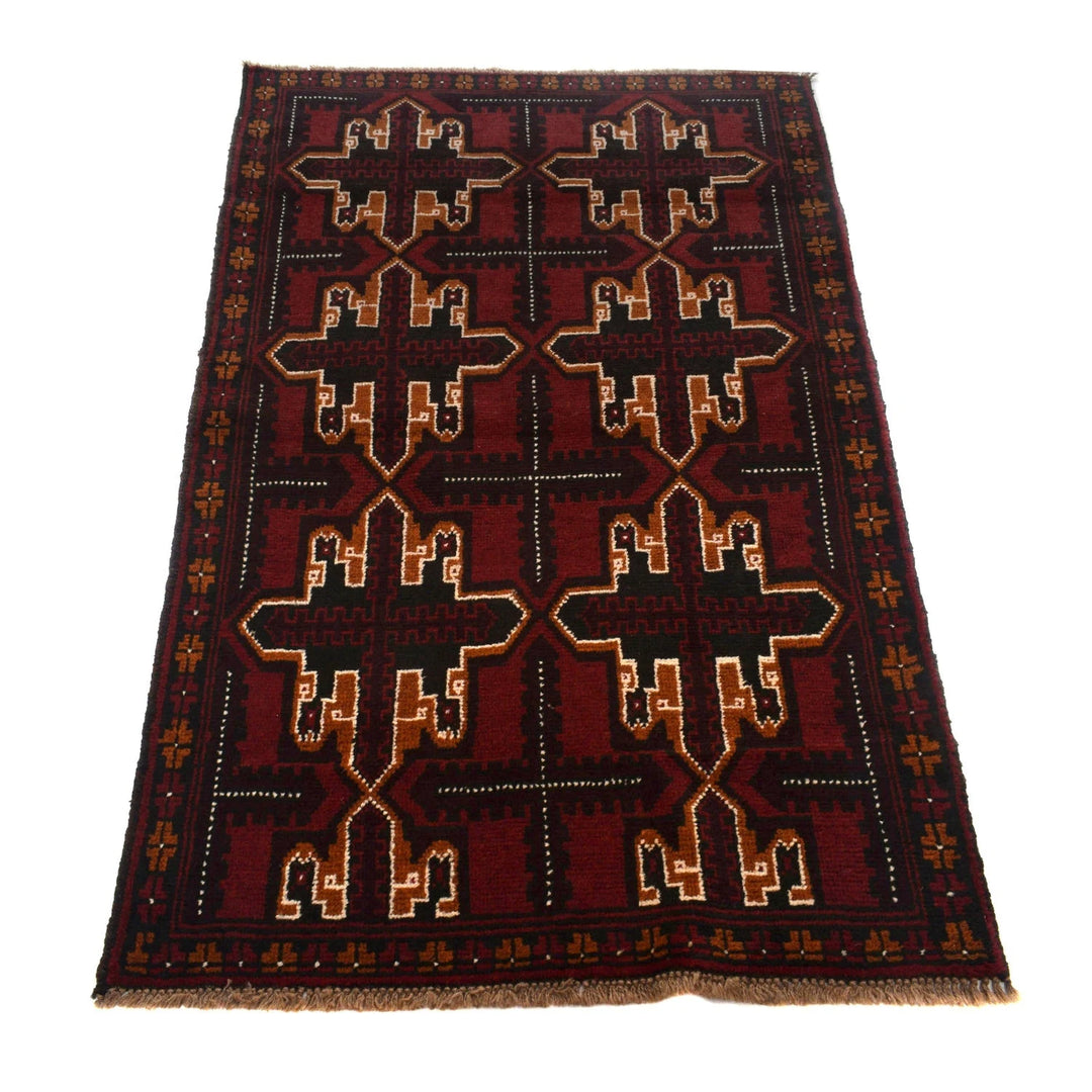 Red Afghan Baluchi Rug 3' 7" x 5' 10" Hand-Knotted | No. AL52785