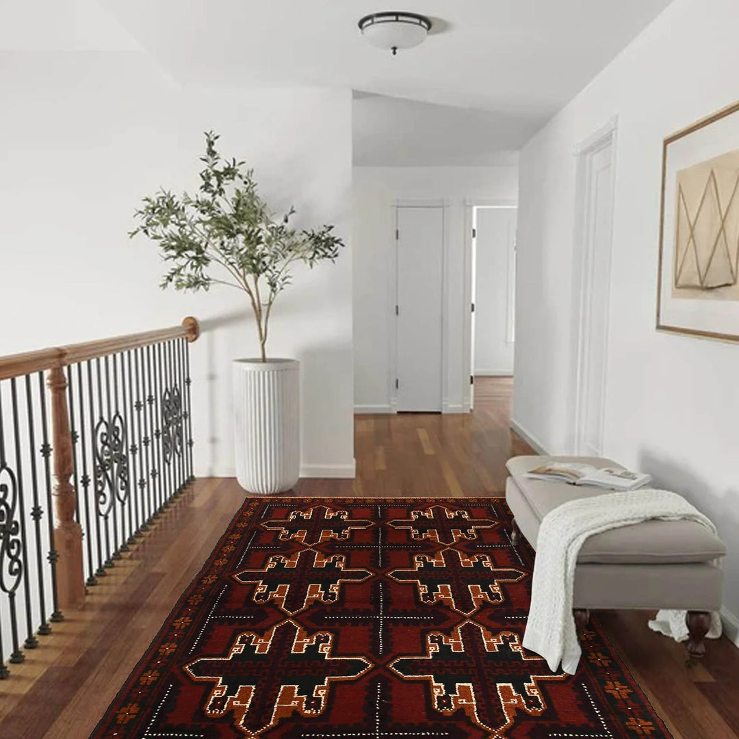 Red Afghan Baluchi Rug 3' 7" x 5' 10" Hand-Knotted | No. AL52785