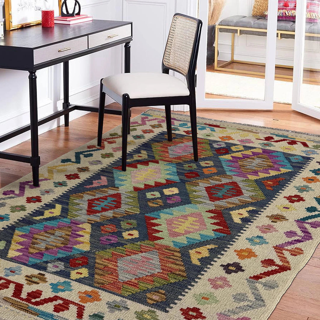 Multicolor Afghan Vegetable Kilim Rug 3' 5" x 4' 10" Flat-Weave | No. AL52803