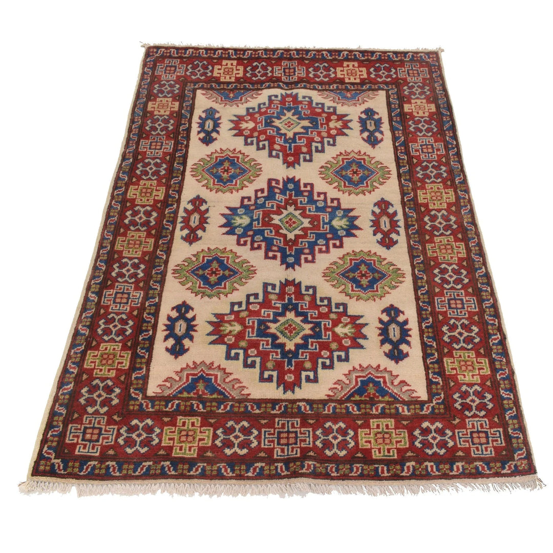 Ivory Afghan Kazak Rug 3' 3" x 4' 9" Hand-Knotted | No. AL52866