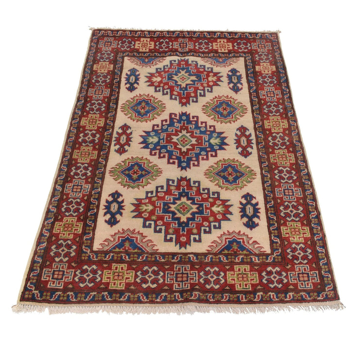 Ivory Afghan Kazak Rug 3' 3" x 4' 9" Hand-Knotted | No. AL52866