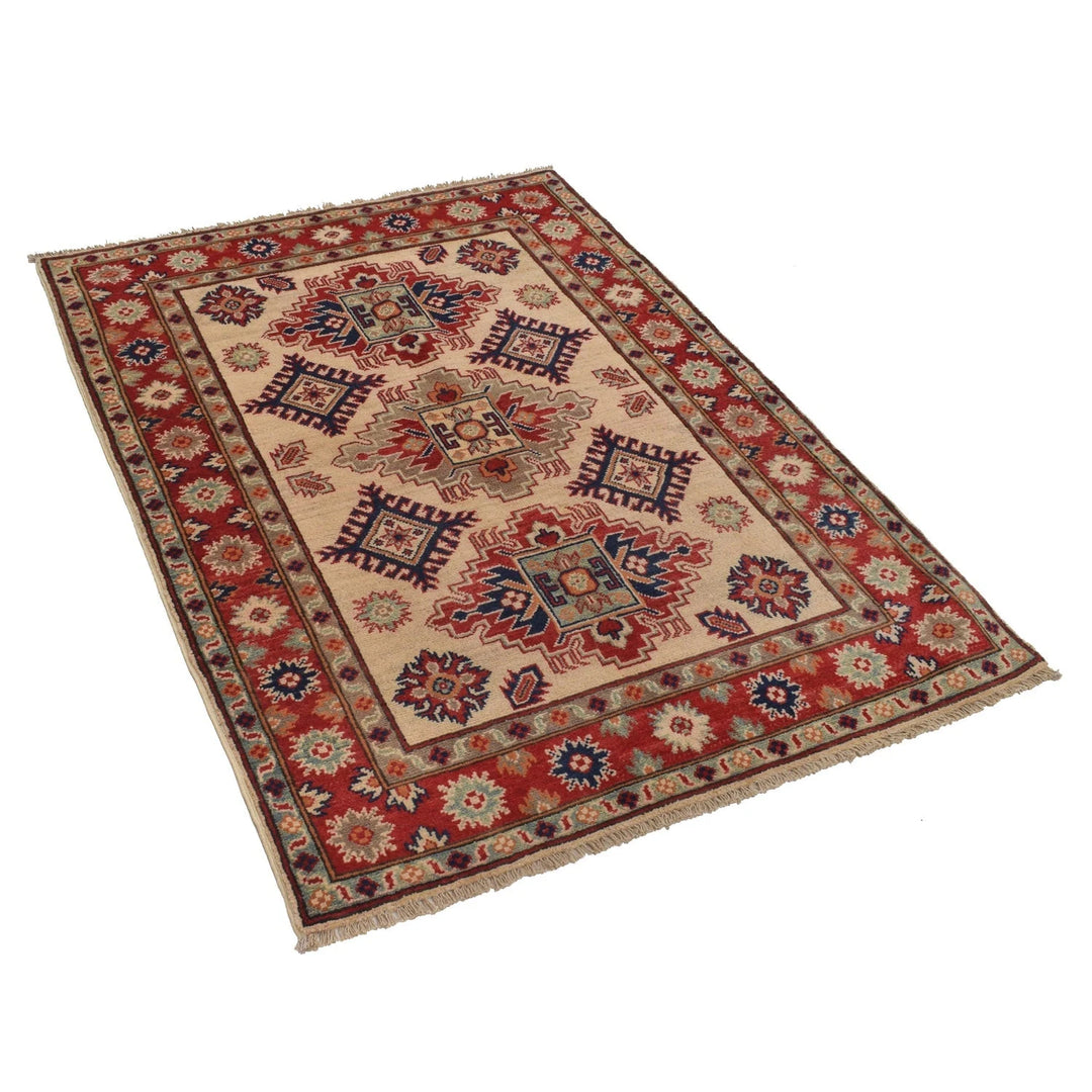 Ivory Afghan Kazak Rug 3' 5" x 4' 11" Hand-Knotted | No. AL52906